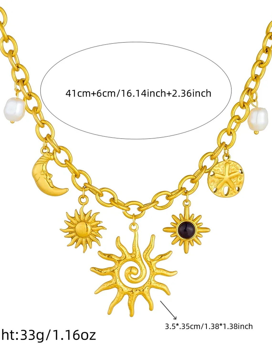 Collar con colgante de estrella de mar, luna y sol dorado, moderno y elegante, de acero inoxidable  2