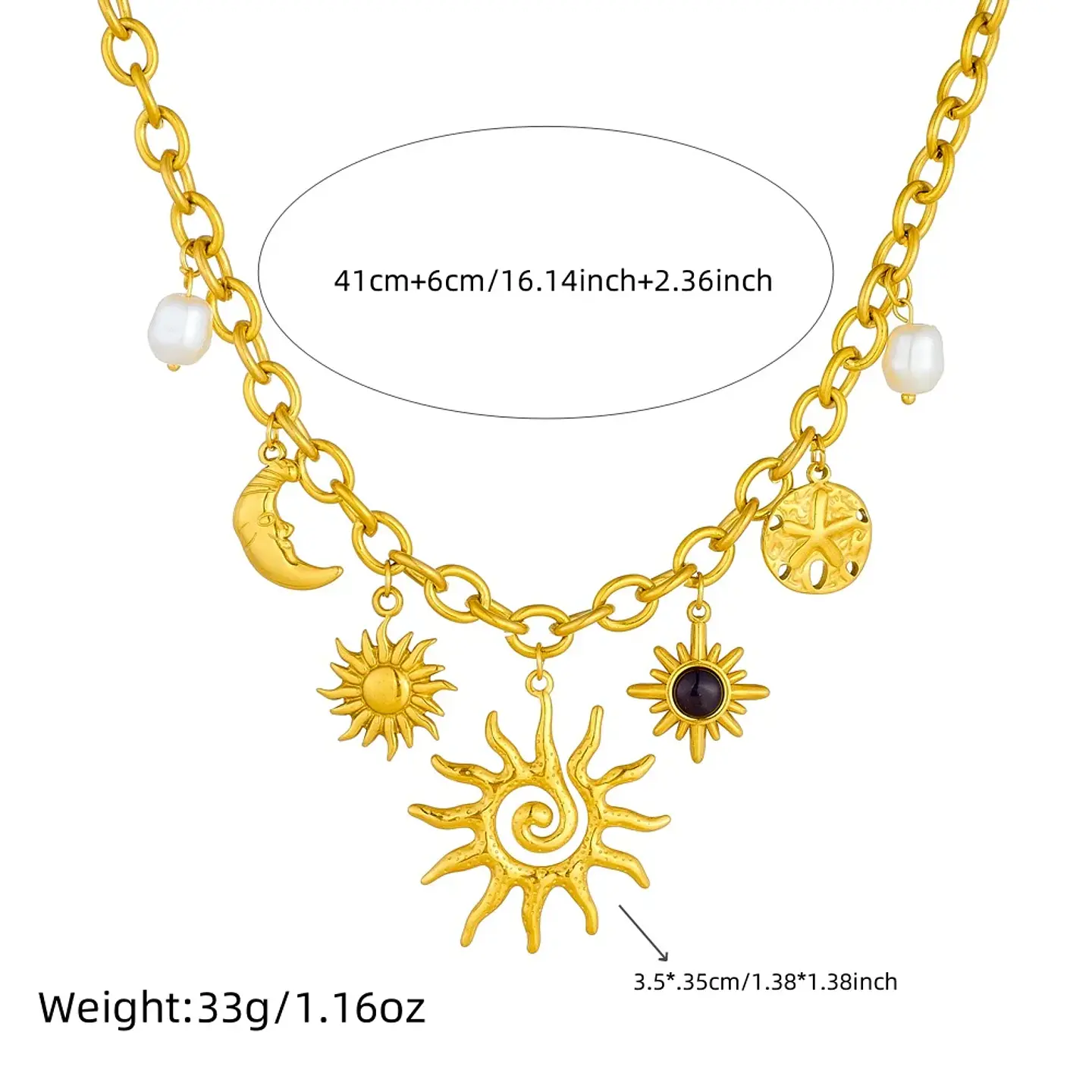 Collar con colgante de estrella de mar, luna y sol dorado, moderno y elegante, de acero inoxidable  2