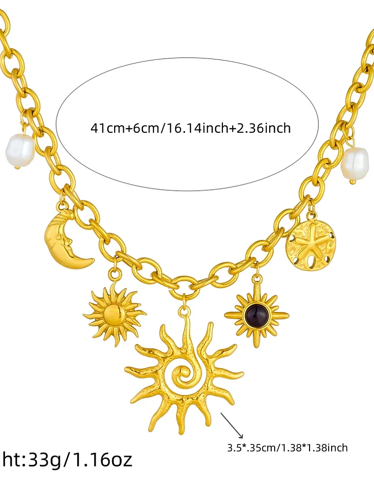 Collar con colgante de estrella de mar, luna y sol dorado, moderno y elegante, de acero inoxidable  2