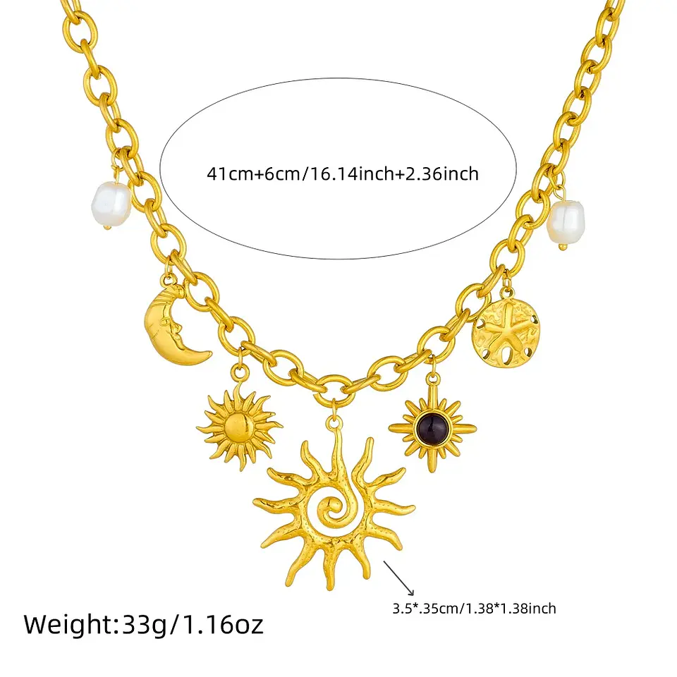 Collar con colgante de estrella de mar, luna y sol dorado, moderno y elegante, de acero inoxidable  2