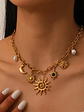 Collar con colgante de estrella de mar, luna y sol dorado, moderno y elegante, de acero inoxidable  - Miniatura 5
