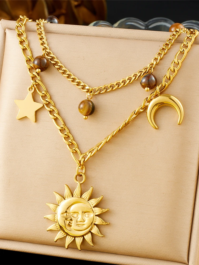 Collar con colgante de estrella de mar, luna y sol dorado, moderno y elegante, de acero inoxidable  6