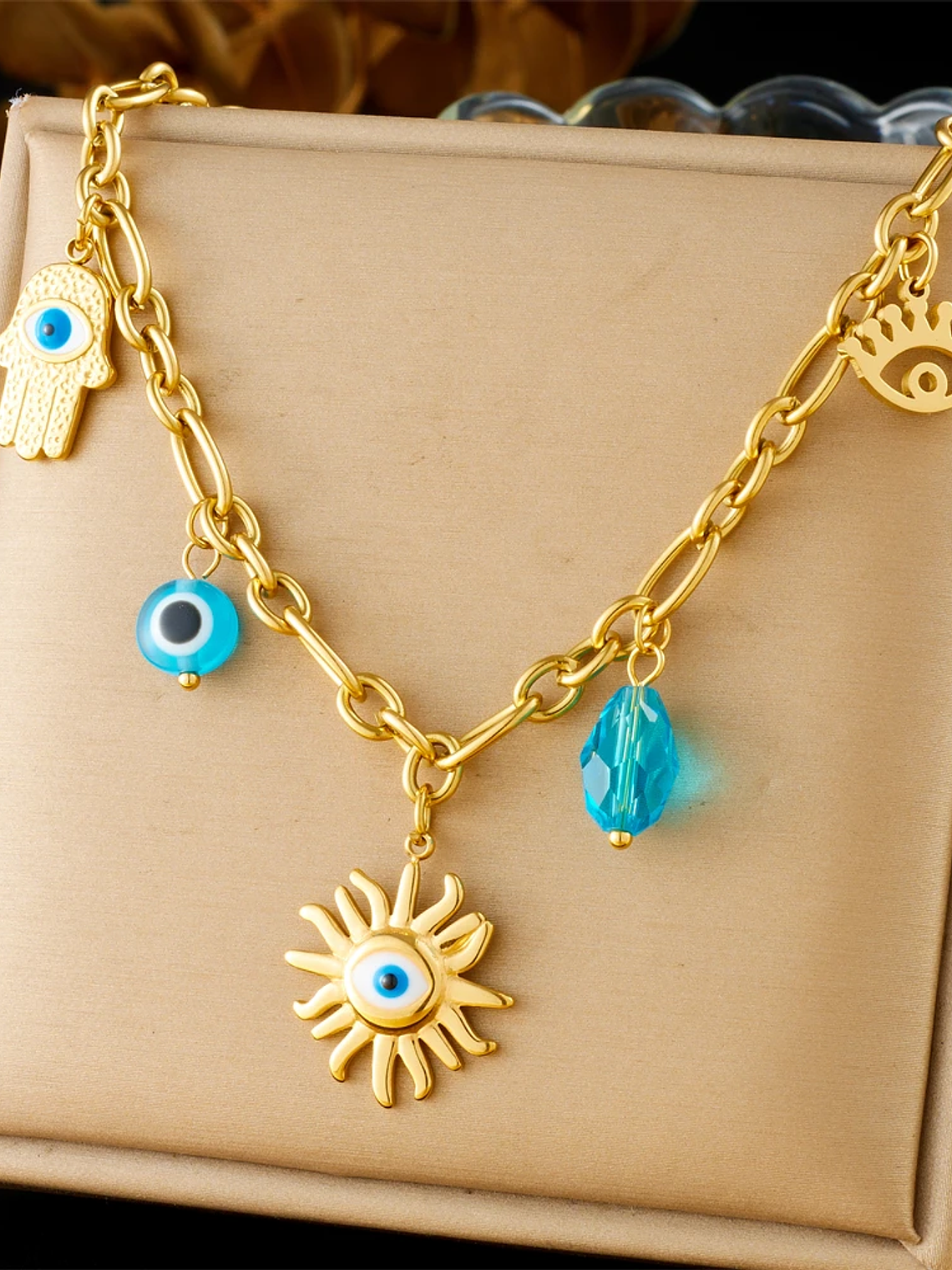 Collar con colgante de estrella de mar, luna y sol dorado, moderno y elegante, de acero inoxidable  8