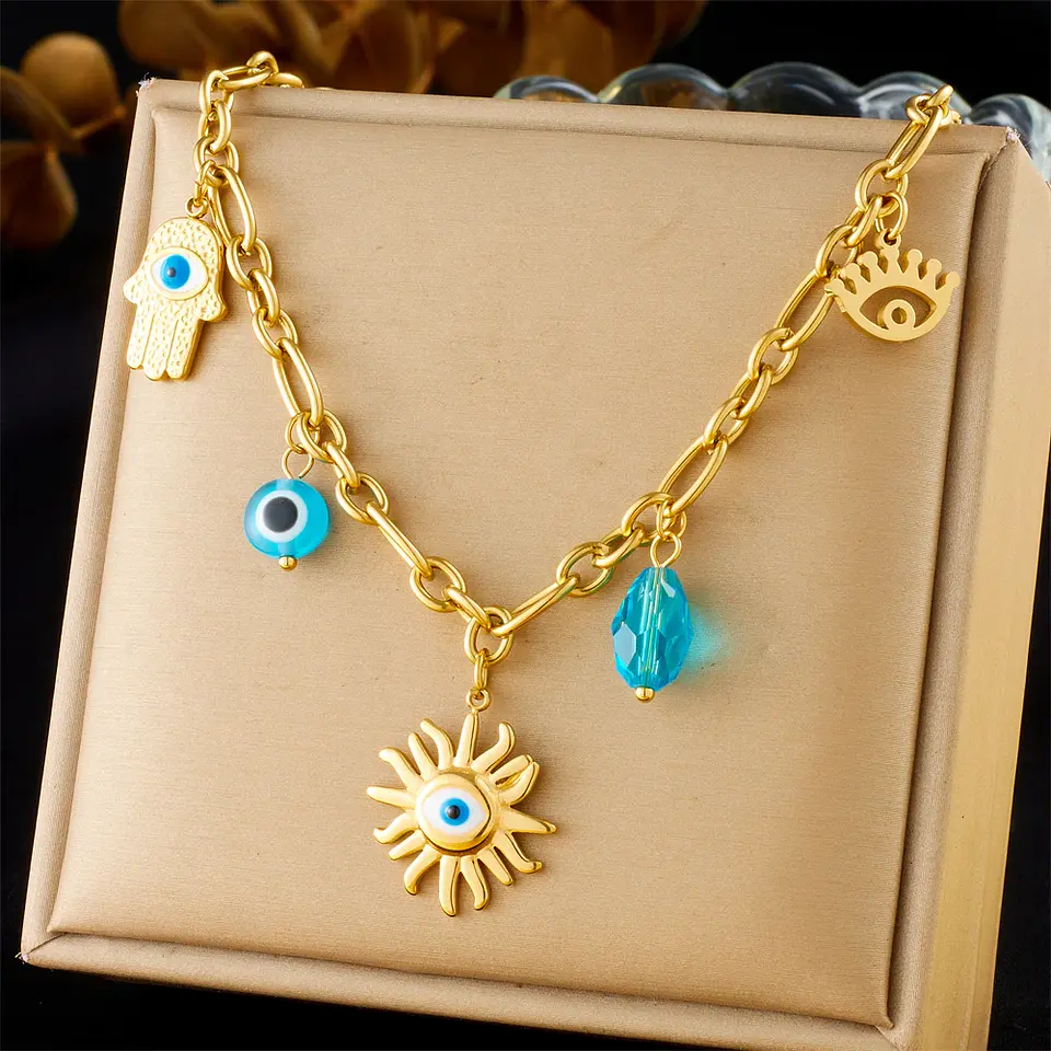 Collar con colgante de estrella de mar, luna y sol dorado, moderno y elegante, de acero inoxidable  8