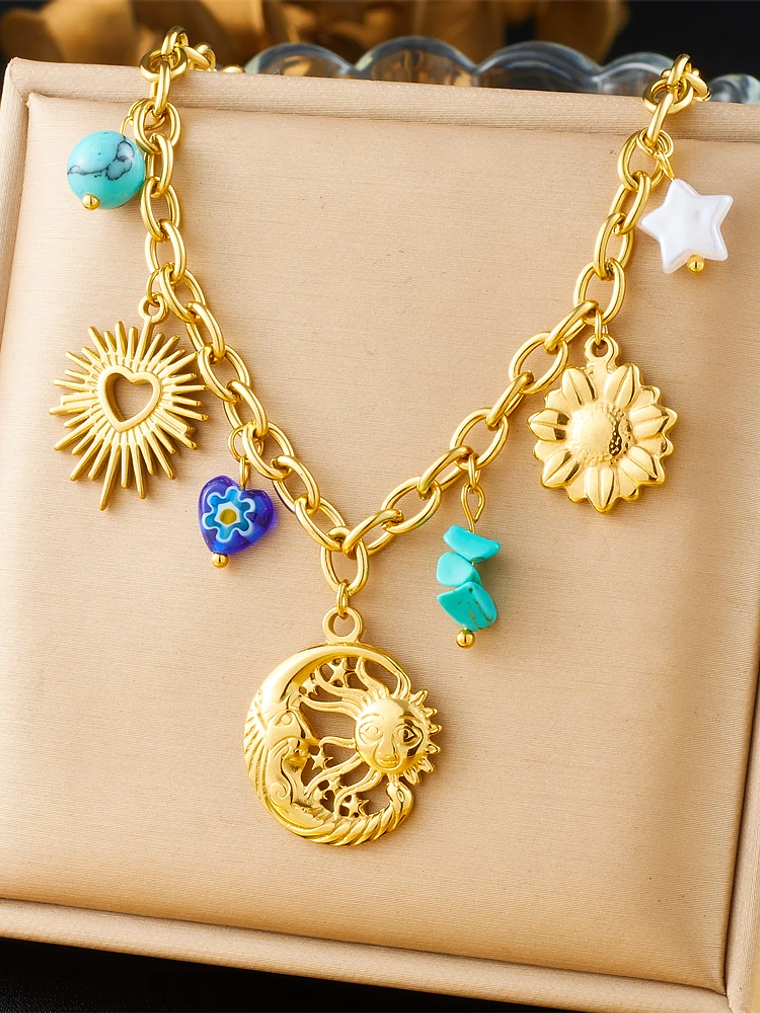 Collar con colgante de estrella de mar, luna y sol dorado, moderno y elegante, de acero inoxidable  10