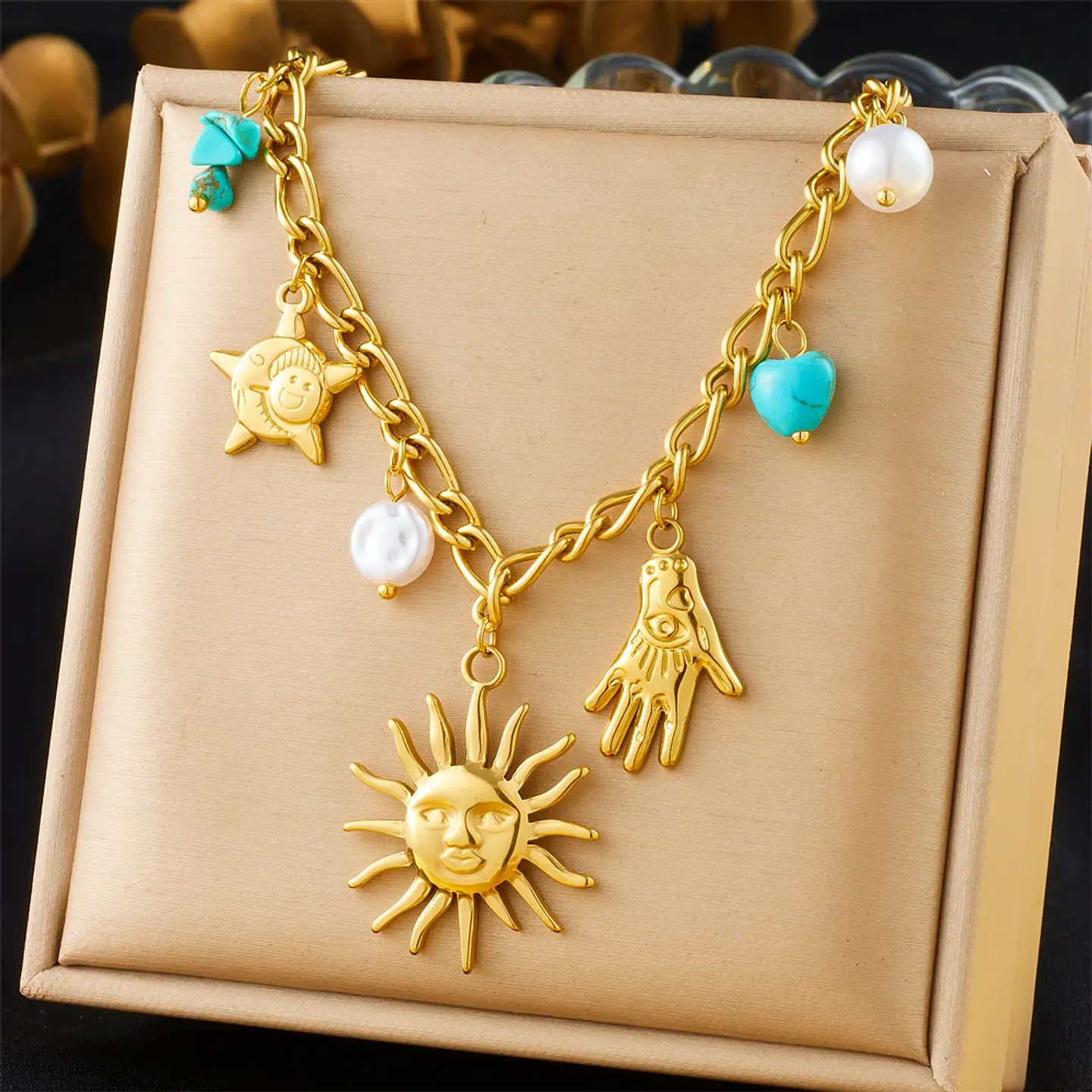 Collar con colgante de estrella de mar, luna y sol dorado, moderno y elegante, de acero inoxidable  14