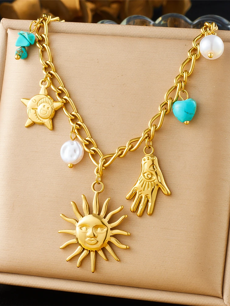 Collar con colgante de estrella de mar, luna y sol dorado, moderno y elegante, de acero inoxidable  14