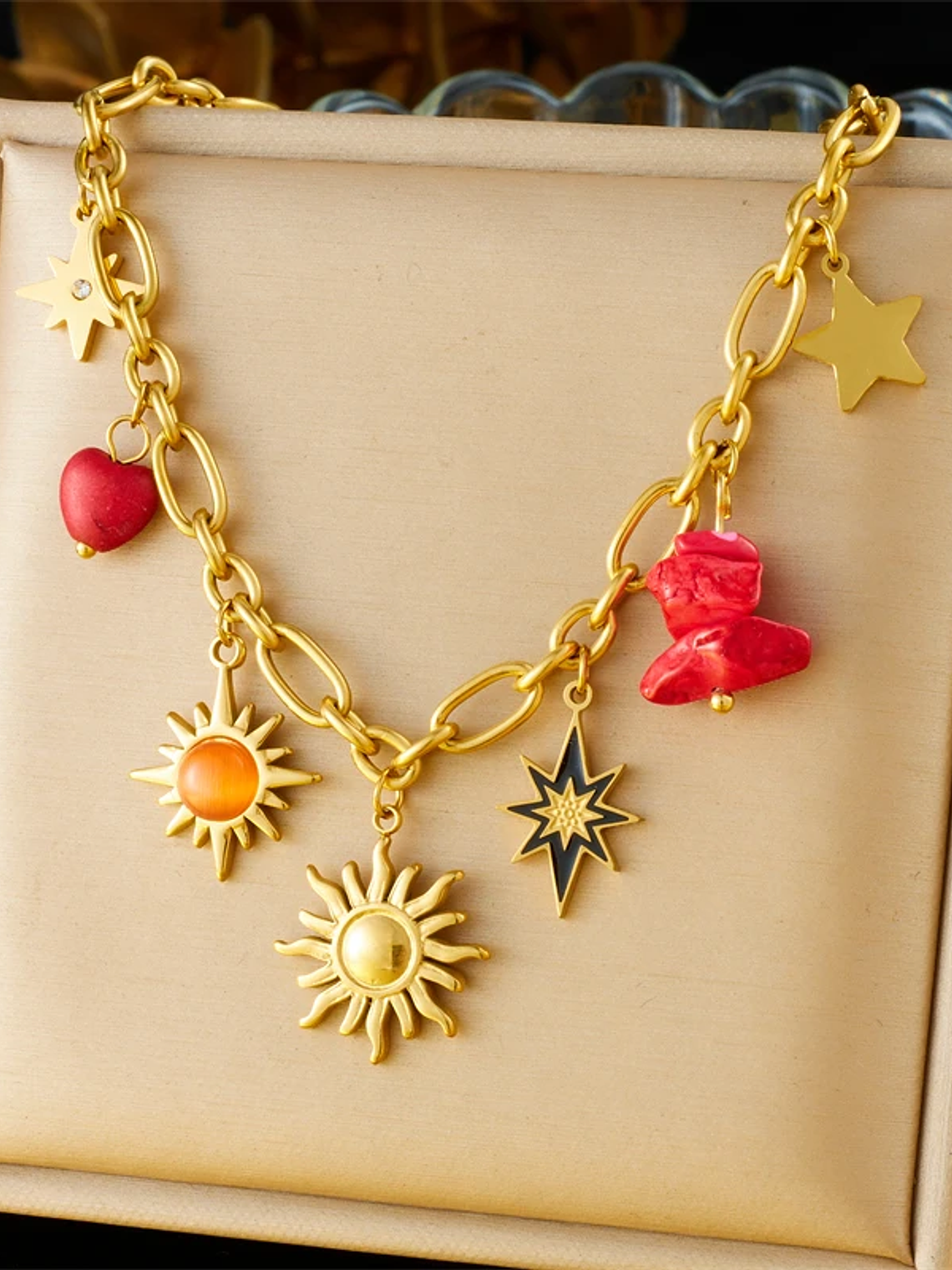 Collar con colgante de estrella de mar, luna y sol dorado, moderno y elegante, de acero inoxidable  15