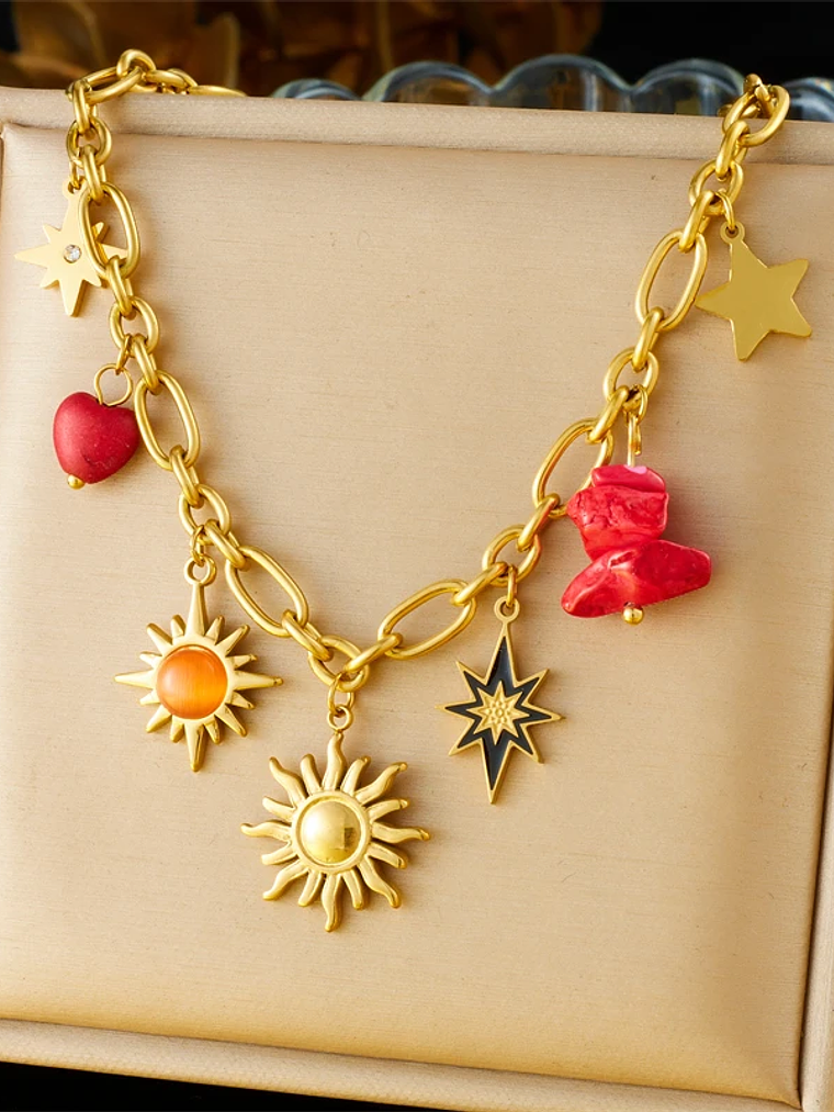Collar con colgante de estrella de mar, luna y sol dorado, moderno y elegante, de acero inoxidable  15