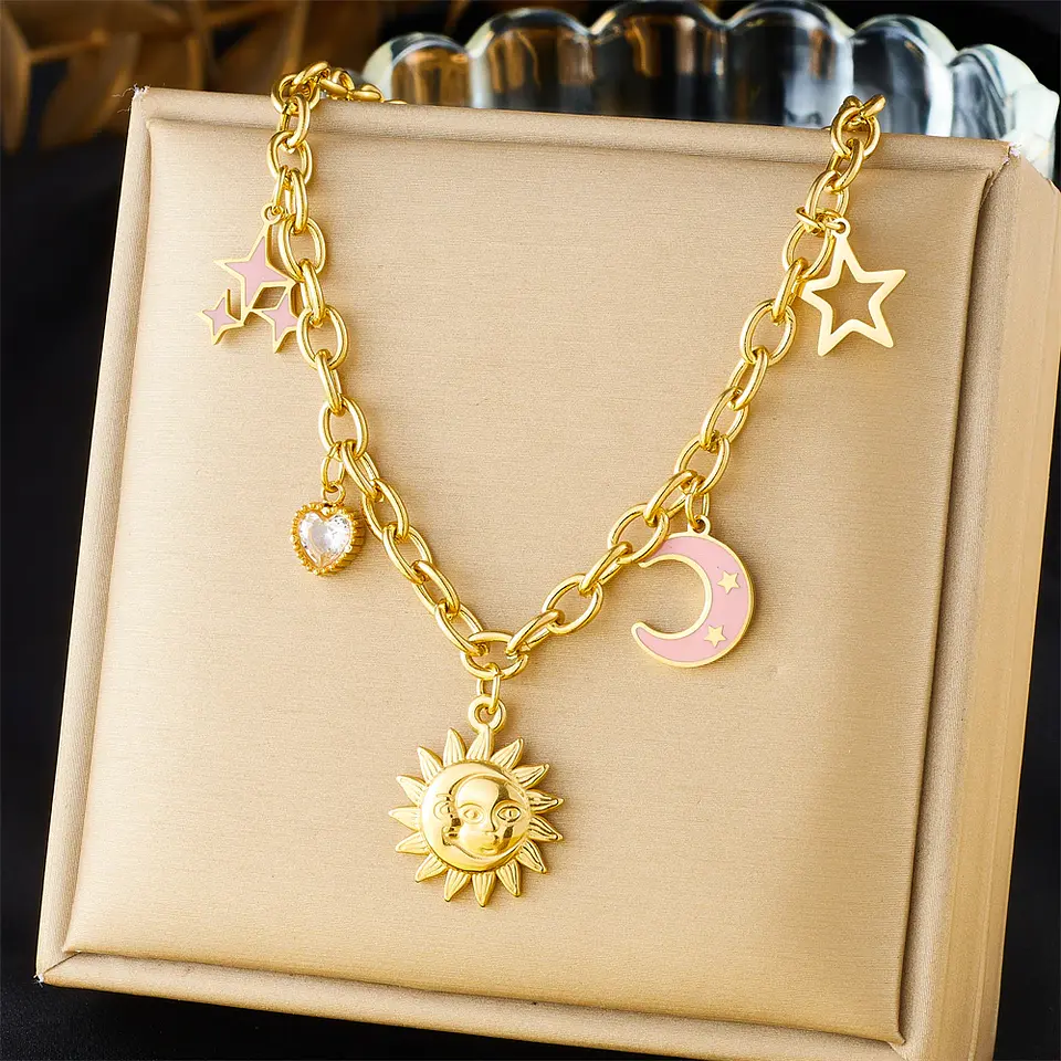 Collar con colgante de estrella de mar, luna y sol dorado, moderno y elegante, de acero inoxidable  16