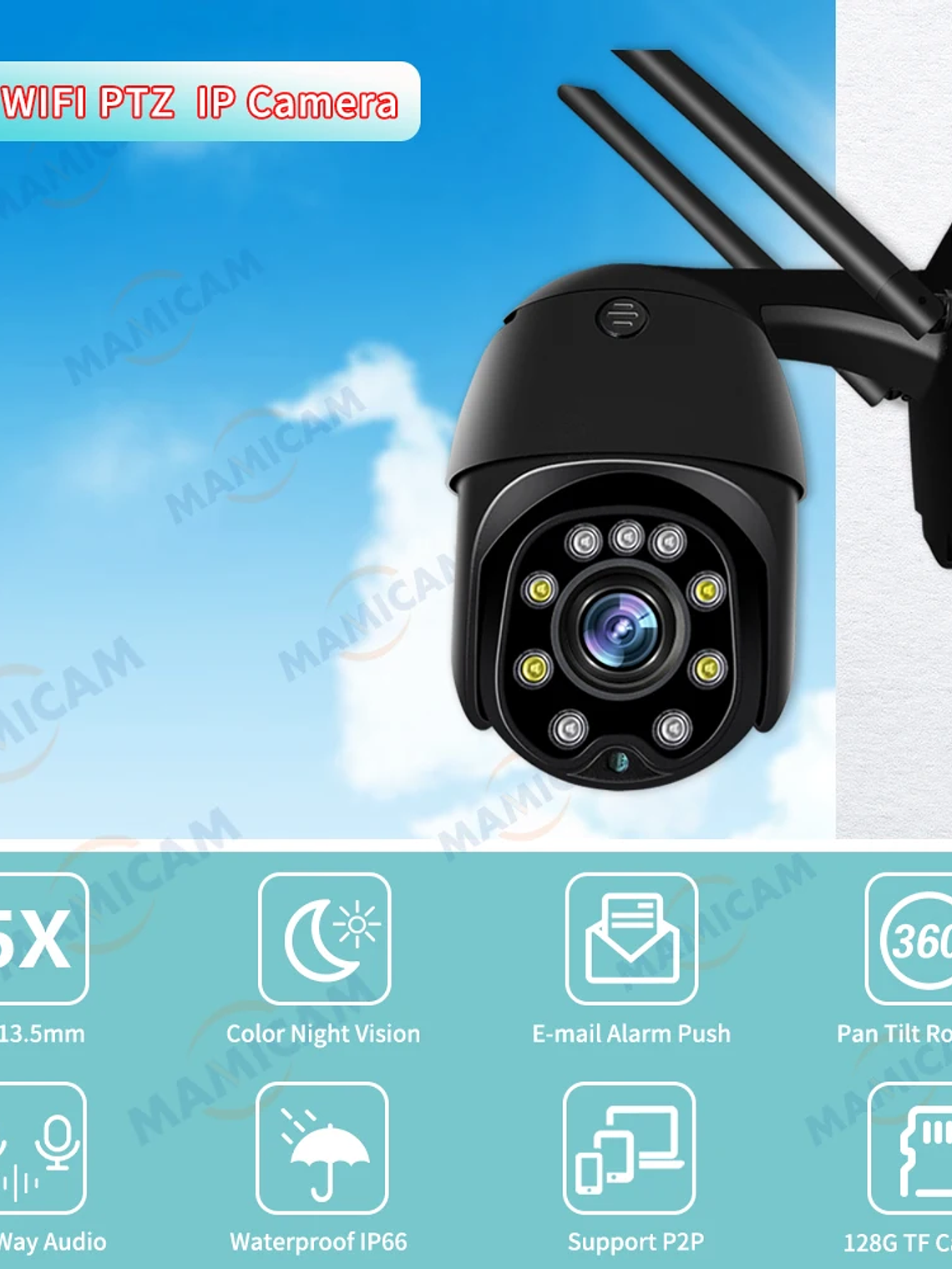 Cámara IP domo PTZ de 5 MP con WiFi, resolución 1080p HD, para exteriores, seguridad y vigilancia CCTV inalámbrica 3