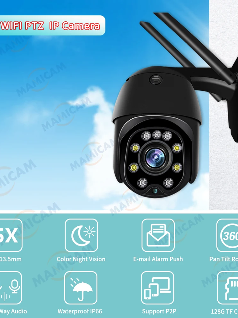 Cámara IP domo PTZ de 5 MP con WiFi, resolución 1080p HD, para exteriores, seguridad y vigilancia CCTV inalámbrica 3