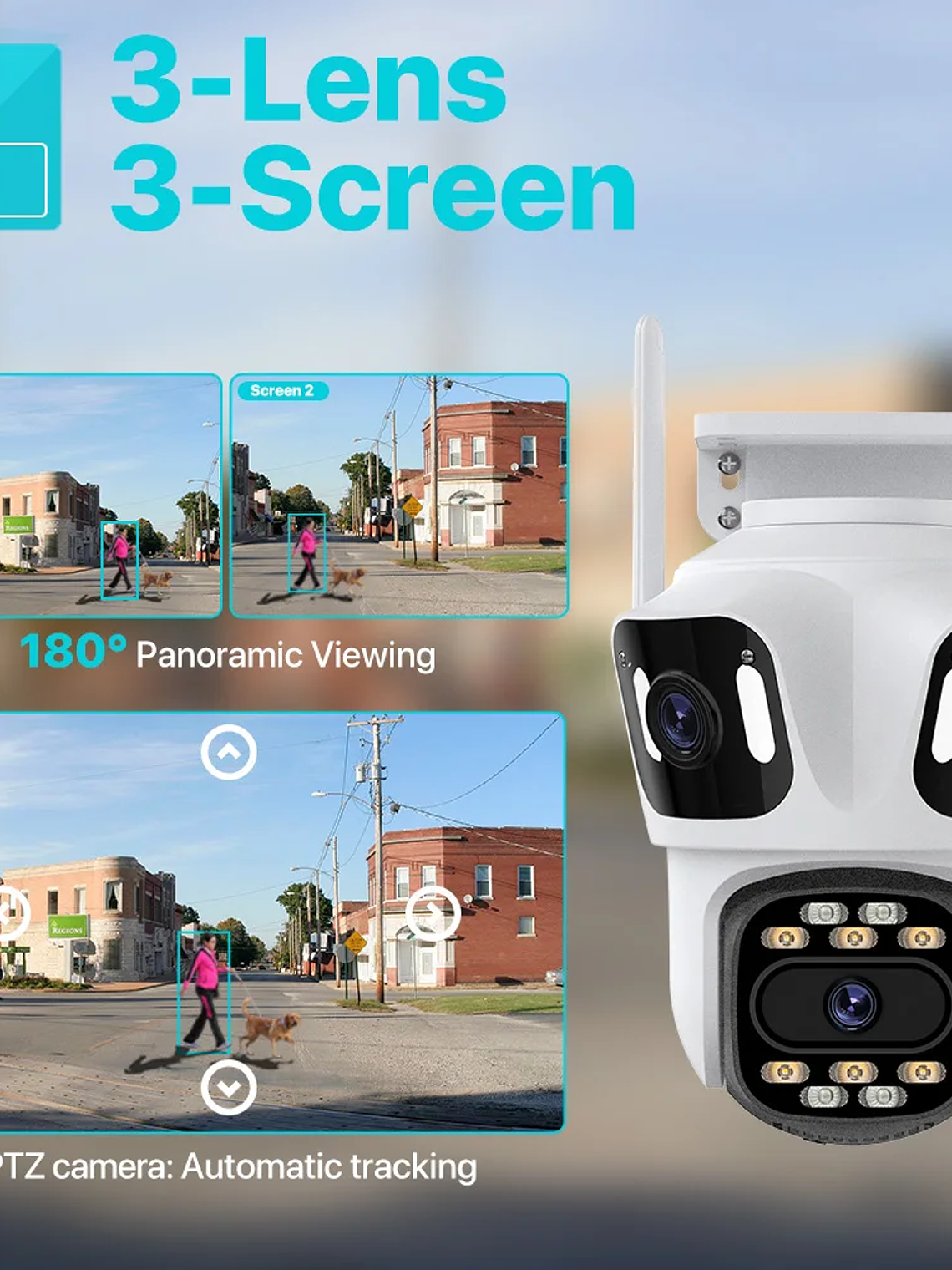 Cámara IP PTZ de tres lentes para exteriores,  WiFi, seguimiento automático,  2