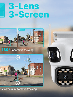 Cámara IP PTZ de tres lentes para exteriores,  WiFi, seguimiento automático, 