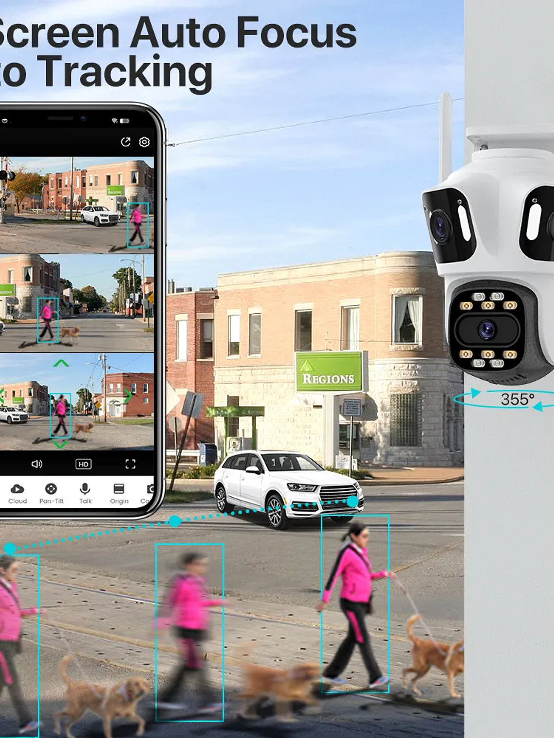 Cámara IP PTZ de tres lentes para exteriores,  WiFi, seguimiento automático,  3