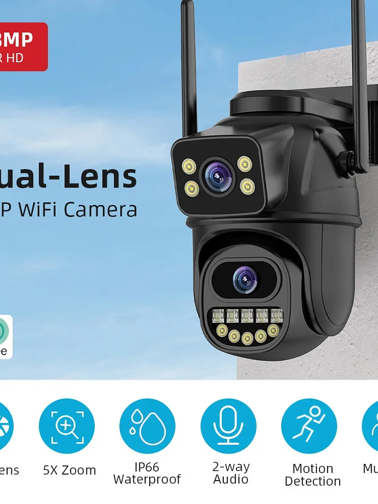 Cámara de vigilancia WiFi doble lente, zoom digital , cámaras IP PTZ de seguridad para exteriores 7