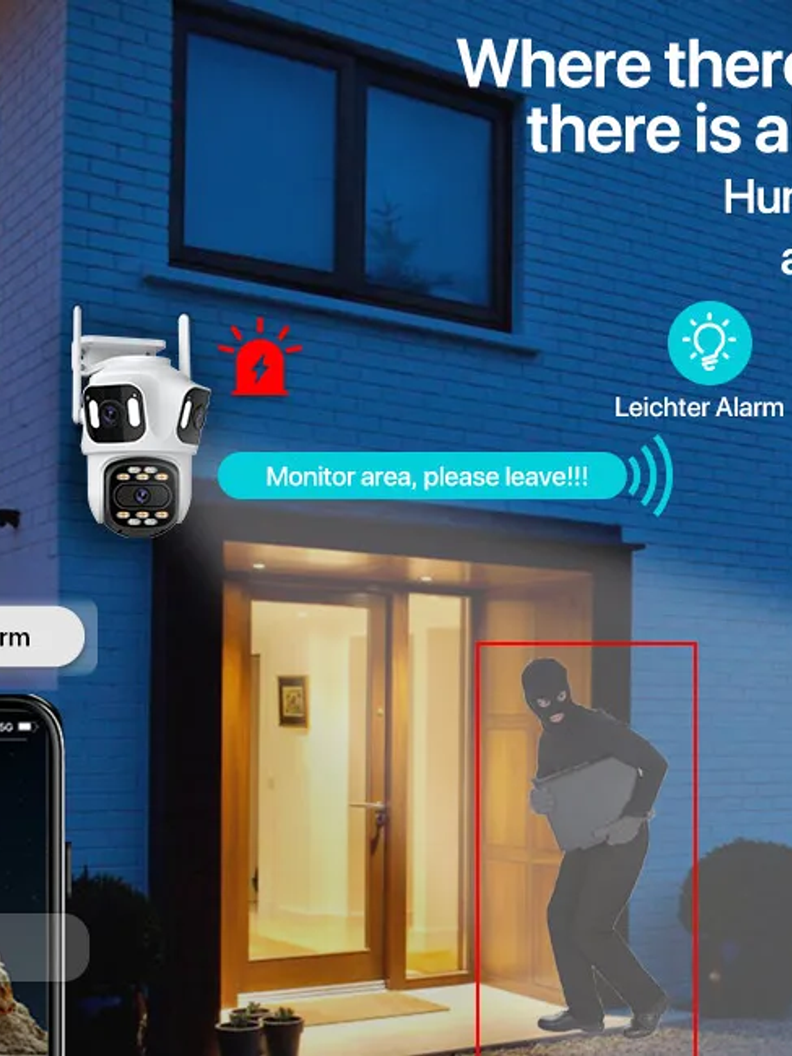 Cámara IP PTZ de tres lentes para exteriores,  WiFi, seguimiento automático,  16