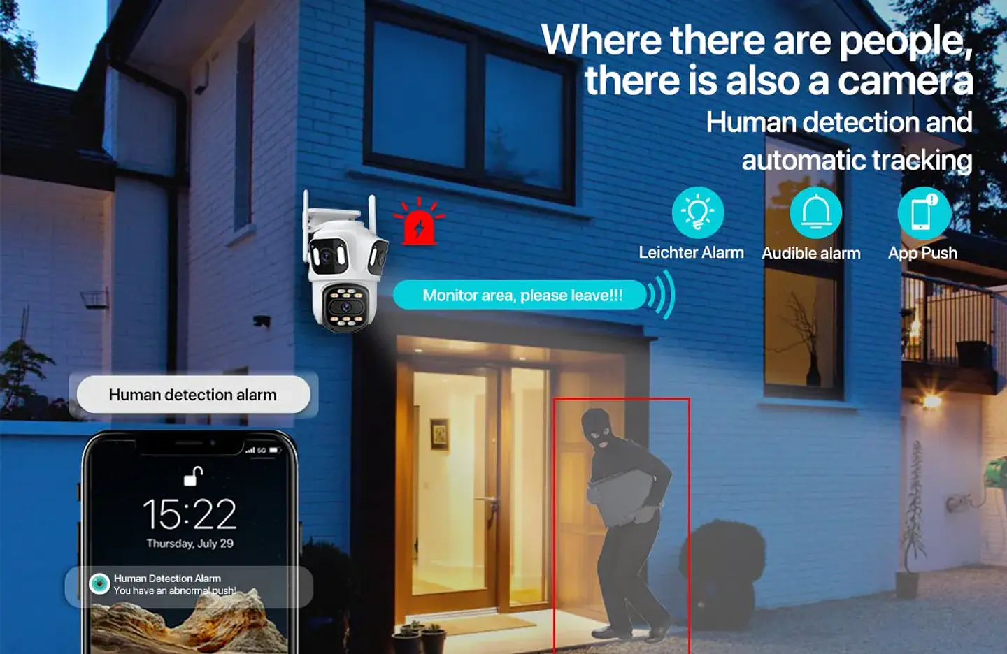 Cámara IP PTZ de tres lentes para exteriores,  WiFi, seguimiento automático,  16
