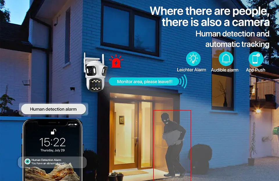 Cámara IP PTZ de tres lentes para exteriores,  WiFi, seguimiento automático,  16