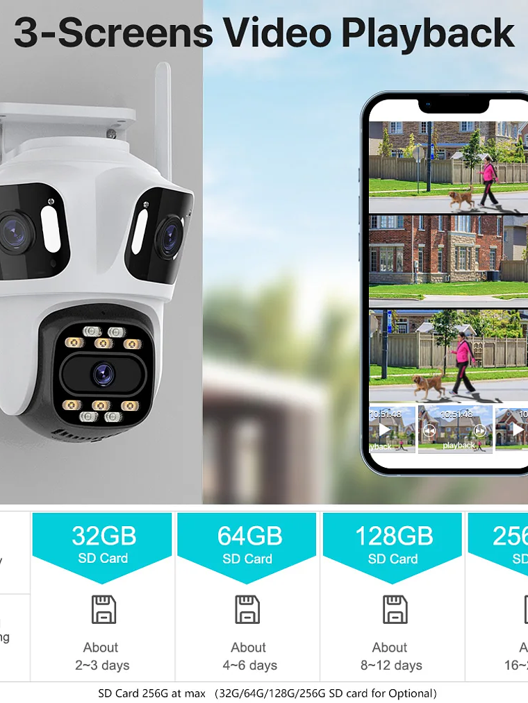 Cámara IP PTZ de tres lentes para exteriores,  WiFi, seguimiento automático,  24