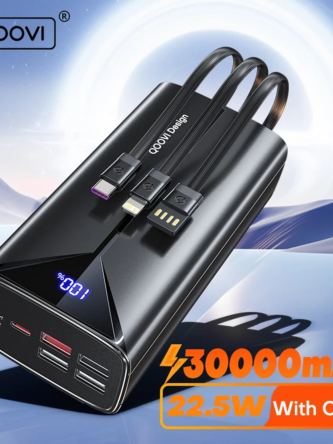 QOOVI 30000mah Power Bank 22.5W Fast Charging Built-in Cable External Large Battery Portable Charger For iPhone Samsung Xiaomi 1