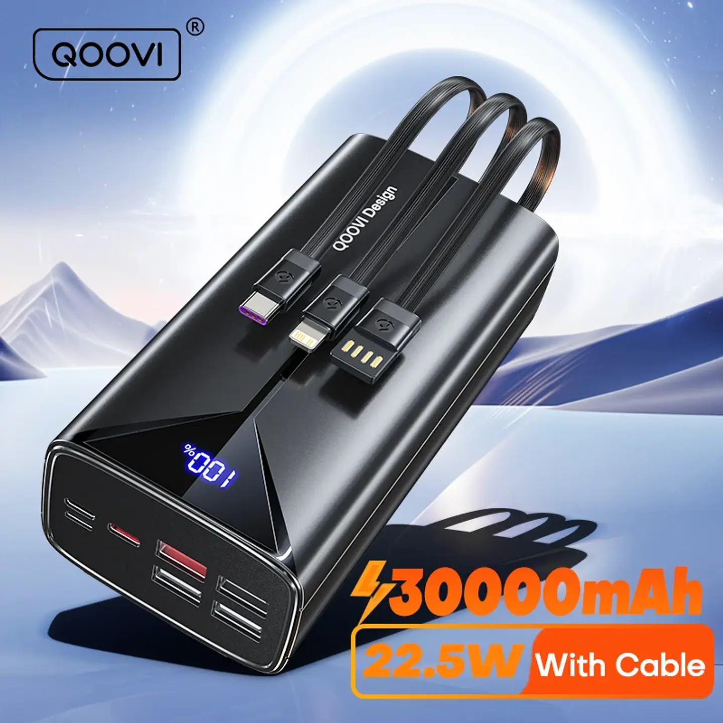 Banco de energía QOOVI de 30000 mAh, 22,5 W, carga rápida, cable integrado, batería externa grande Portable Charger For iPhone Samsung Xiaomi 1