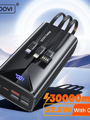 QOOVI 30000mah Power Bank 22.5W Fast Charging Built-in Cable External Large Battery Portable Charger For iPhone Samsung Xiaomi
