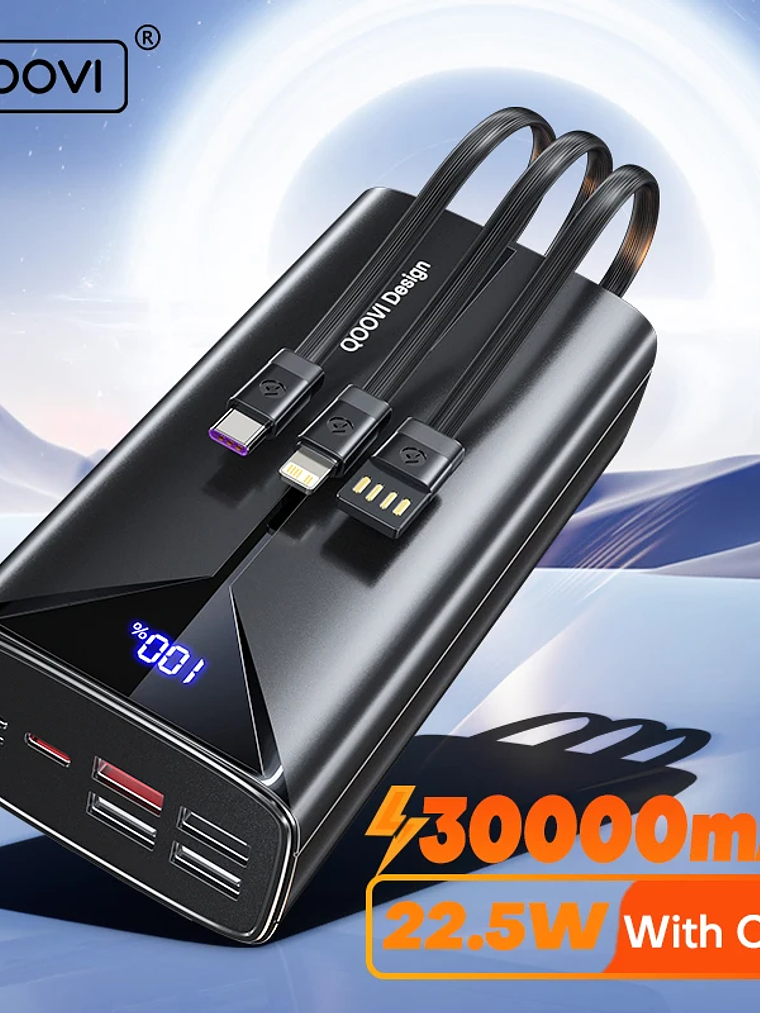 QOOVI 30000mah Power Bank 22.5W Fast Charging Built-in Cable External Large Battery Portable Charger For iPhone Samsung Xiaomi 1