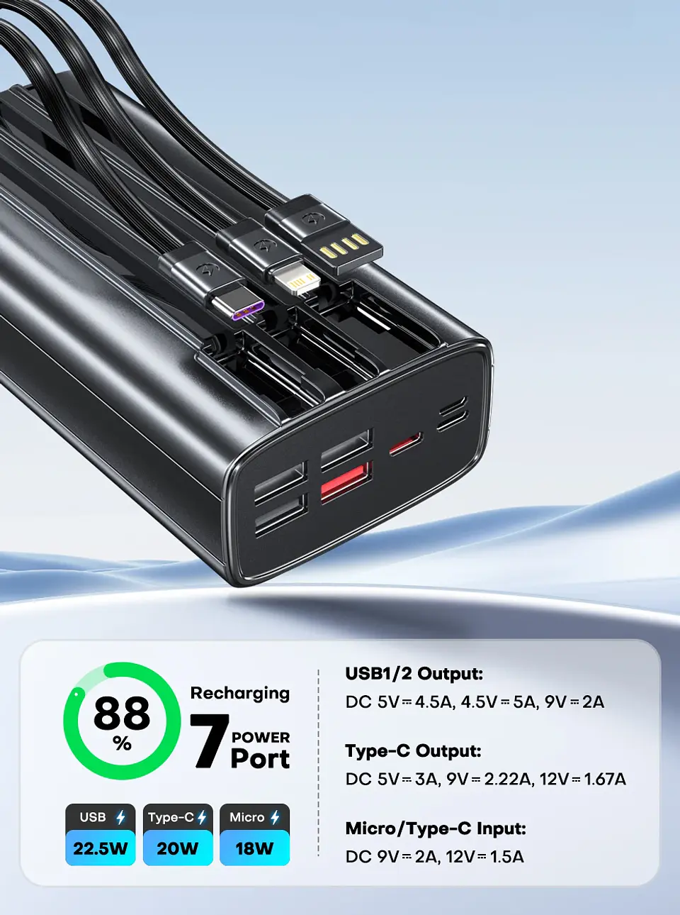 Banco de energía QOOVI de 30000 mAh, 22,5 W, carga rápida, cable integrado, batería externa grande Portable Charger For iPhone Samsung Xiaomi 3