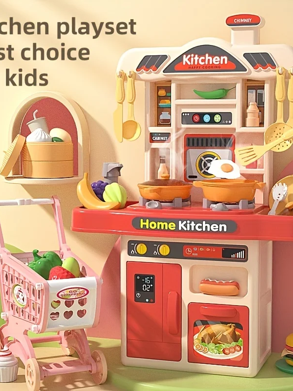 Cocina con accesorios y carrito de compra para niños y niña  1