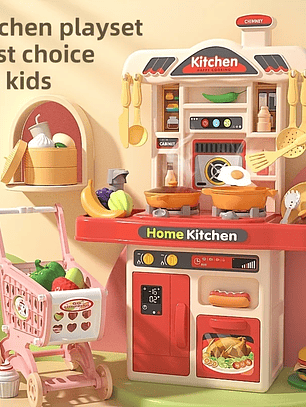 Cocina con accesorios y carrito de compra para niños y niña 