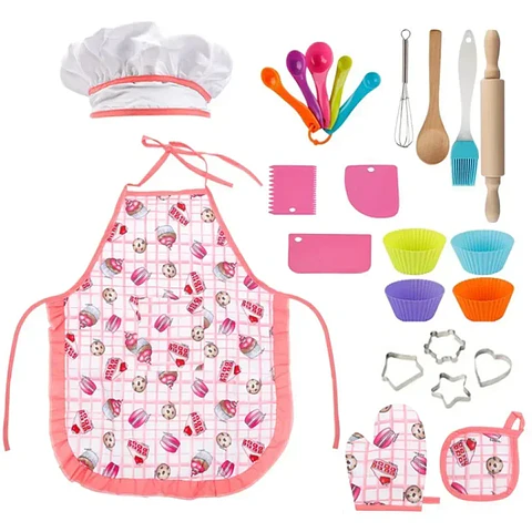 Kit de juguetes de cocina para jugar a las casitas, traje de chef, delantal, pastel, mini molde para hornear, guante, cuchara, taza, sombrero, herramienta para juego de simulación, 