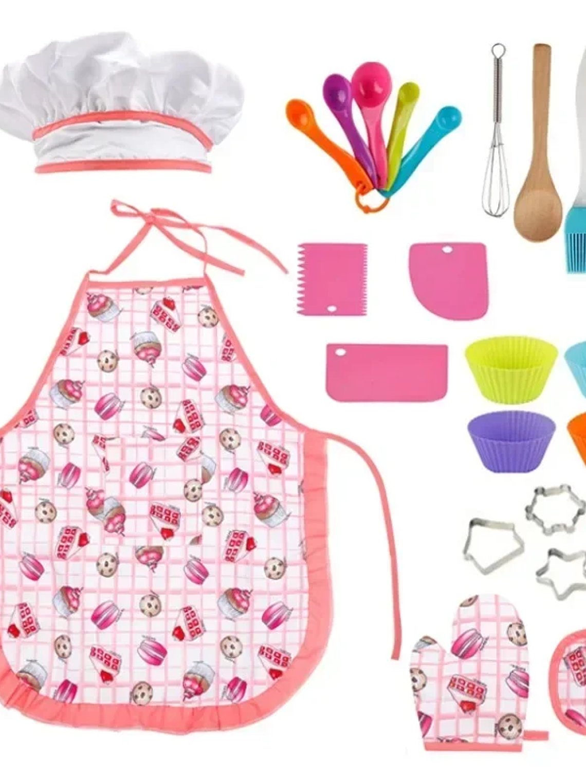 Kit de juguetes de cocina para jugar a las casitas, traje de chef, delantal, pastel, mini molde para hornear, guante, cuchara, taza, sombrero, herramienta para juego de simulación,  1