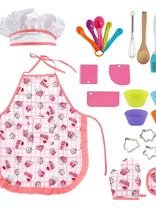 Kit de juguetes de cocina para jugar a las casitas, traje de chef, delantal, pastel, mini molde para hornear, guante, cuchara, taza, sombrero, herramienta para juego de simulación, 