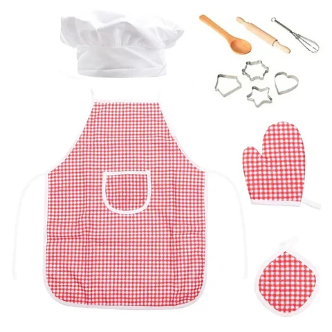 Kit de juguetes de cocina para jugar a las casitas, traje de chef, delantal, pastel, mini molde para hornear, guante, cuchara, taza, sombrero, herramienta para juego de simulación, 