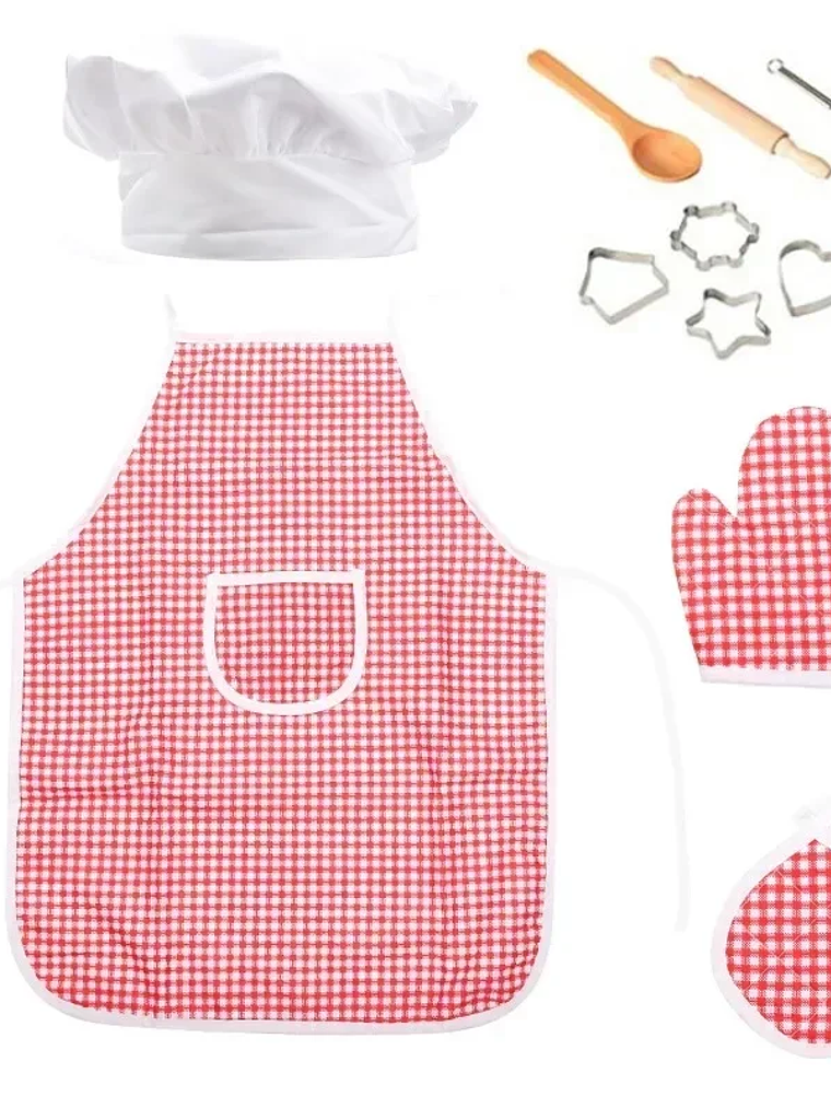 Kit de juguetes de cocina para jugar a las casitas, traje de chef, delantal, pastel, mini molde para hornear, guante, cuchara, taza, sombrero, herramienta para juego de simulación,  2