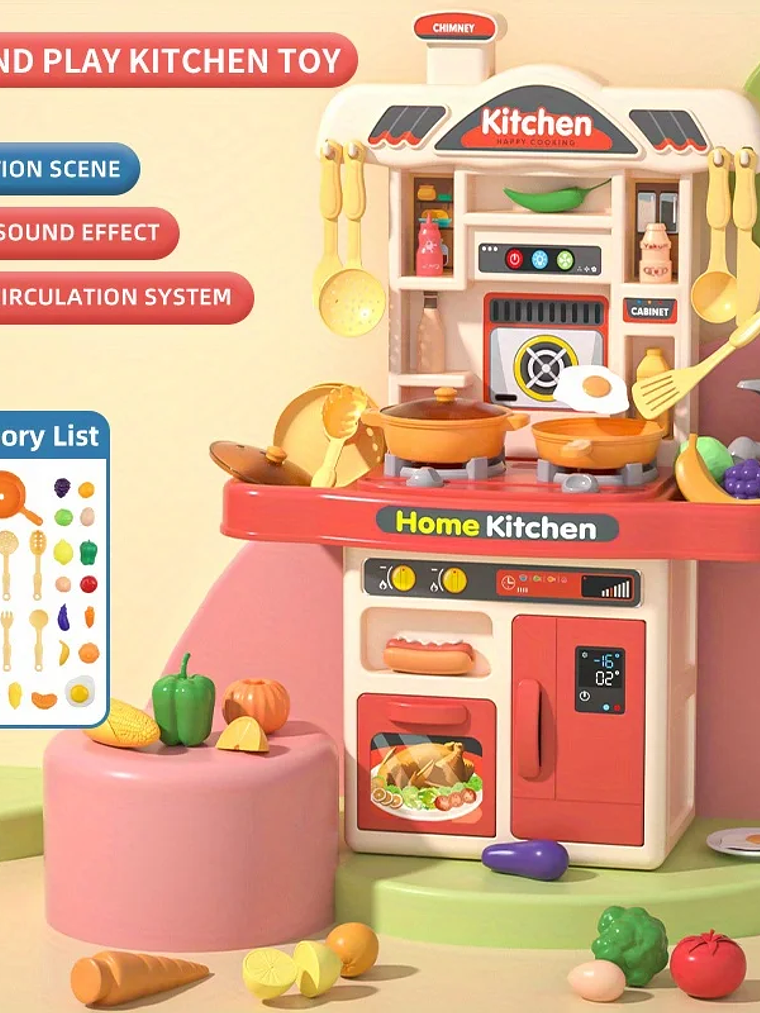 Cocina con accesorios y carrito de compra para niños y niña  7