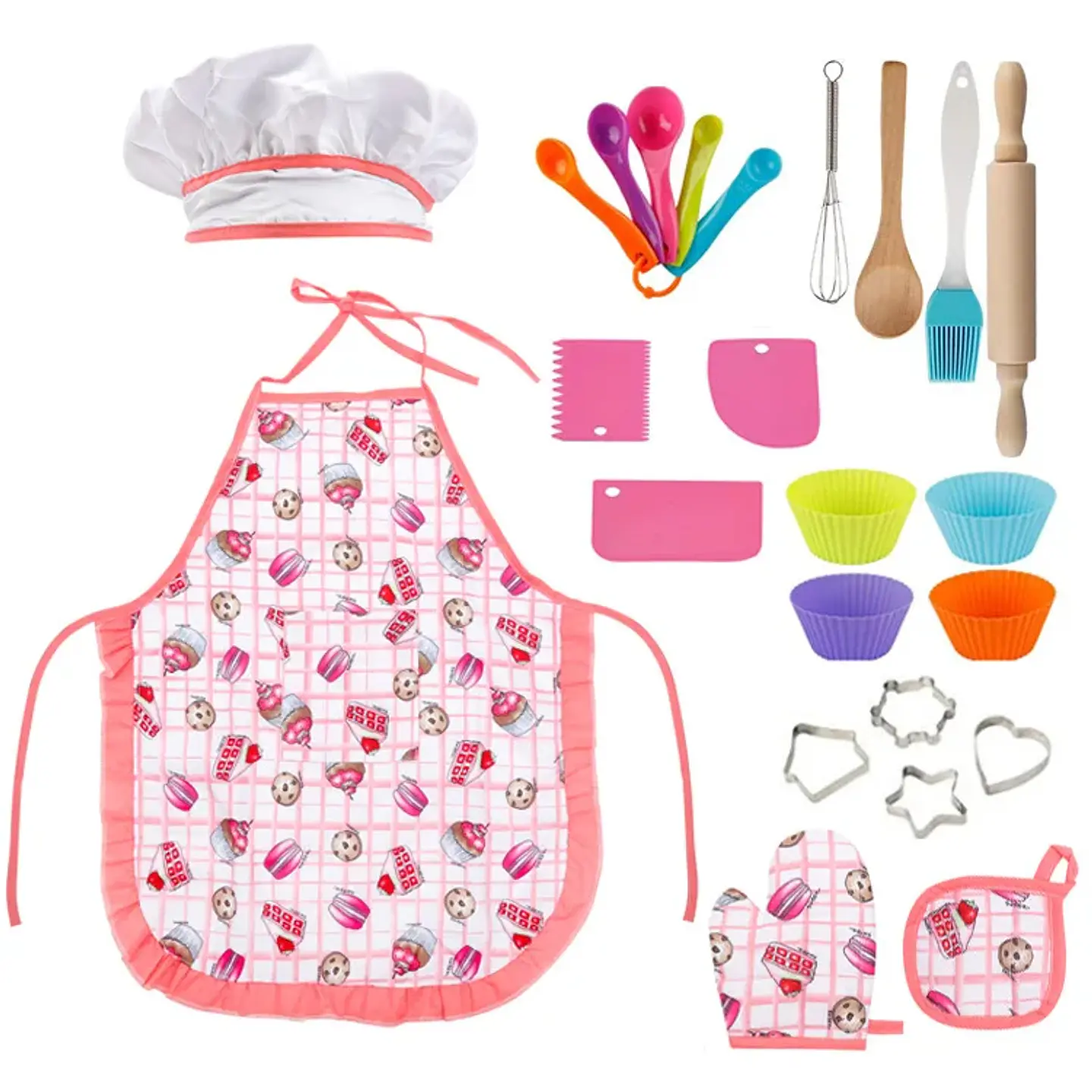 Kit de juguetes de cocina para jugar a las casitas, traje de chef, delantal, pastel, mini molde para hornear, guante, cuchara, taza, sombrero, herramienta para juego de simulación,  7
