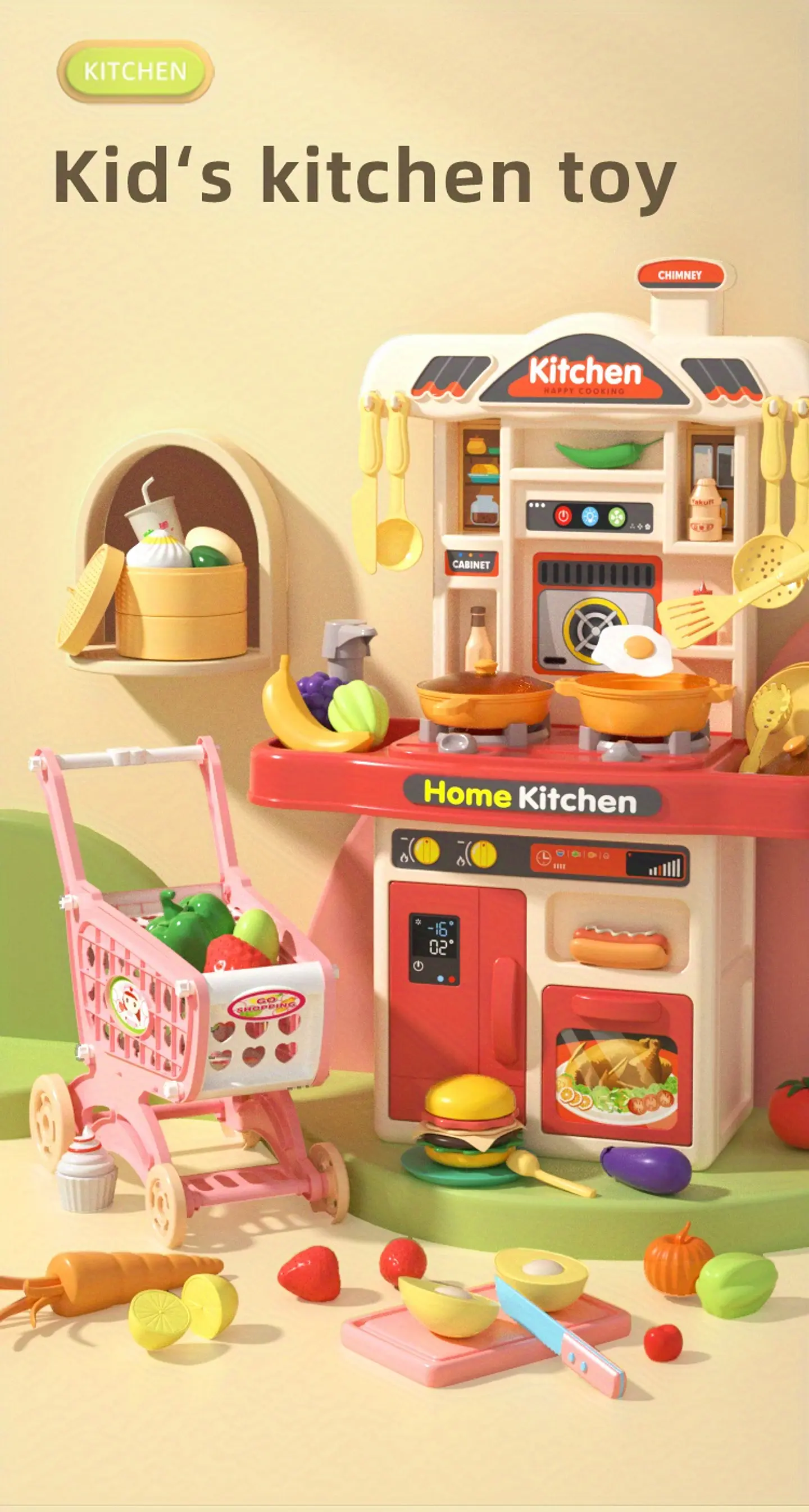 Cocina con accesorios y carrito de compra para niños y niña  9