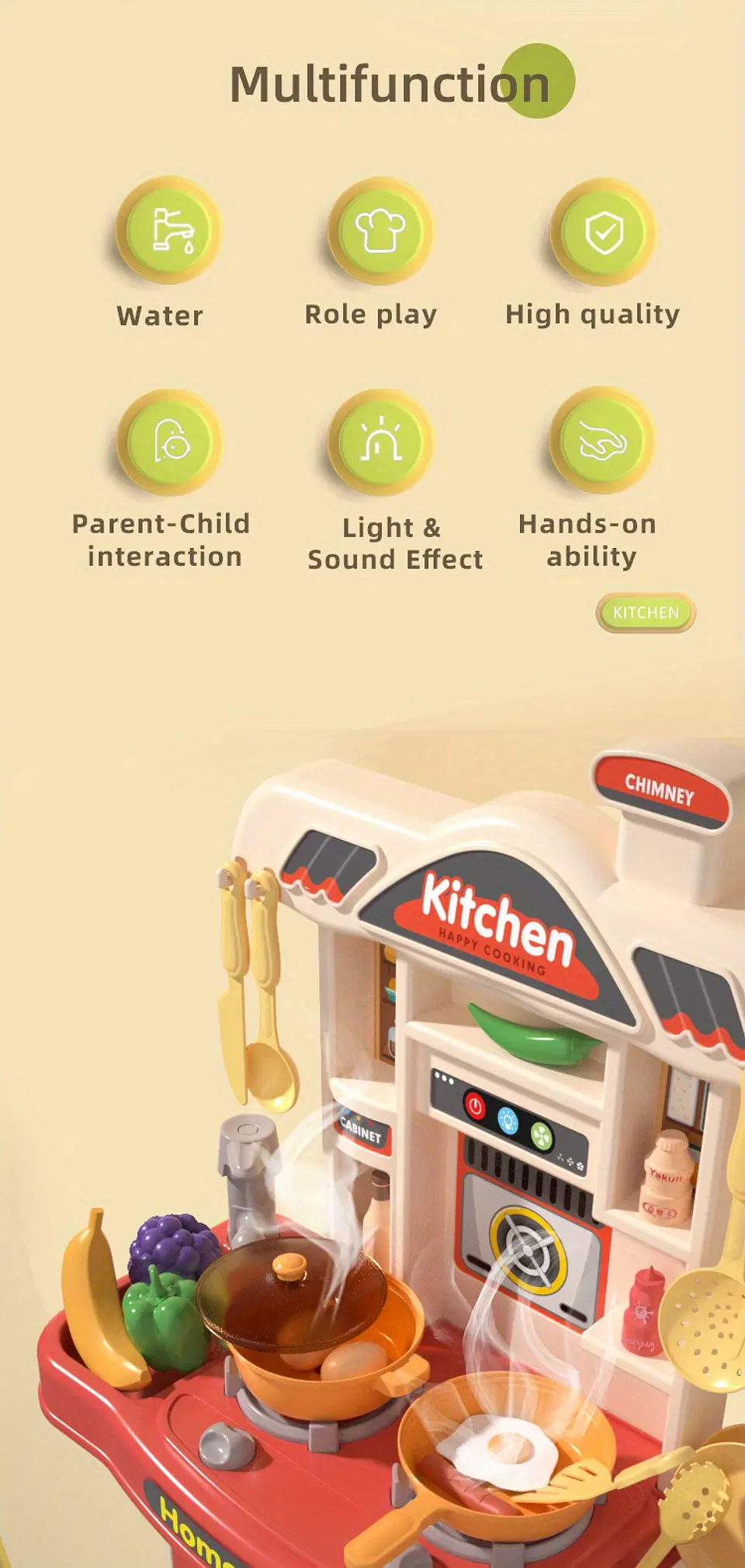 Cocina con accesorios y carrito de compra para niños y niña  10