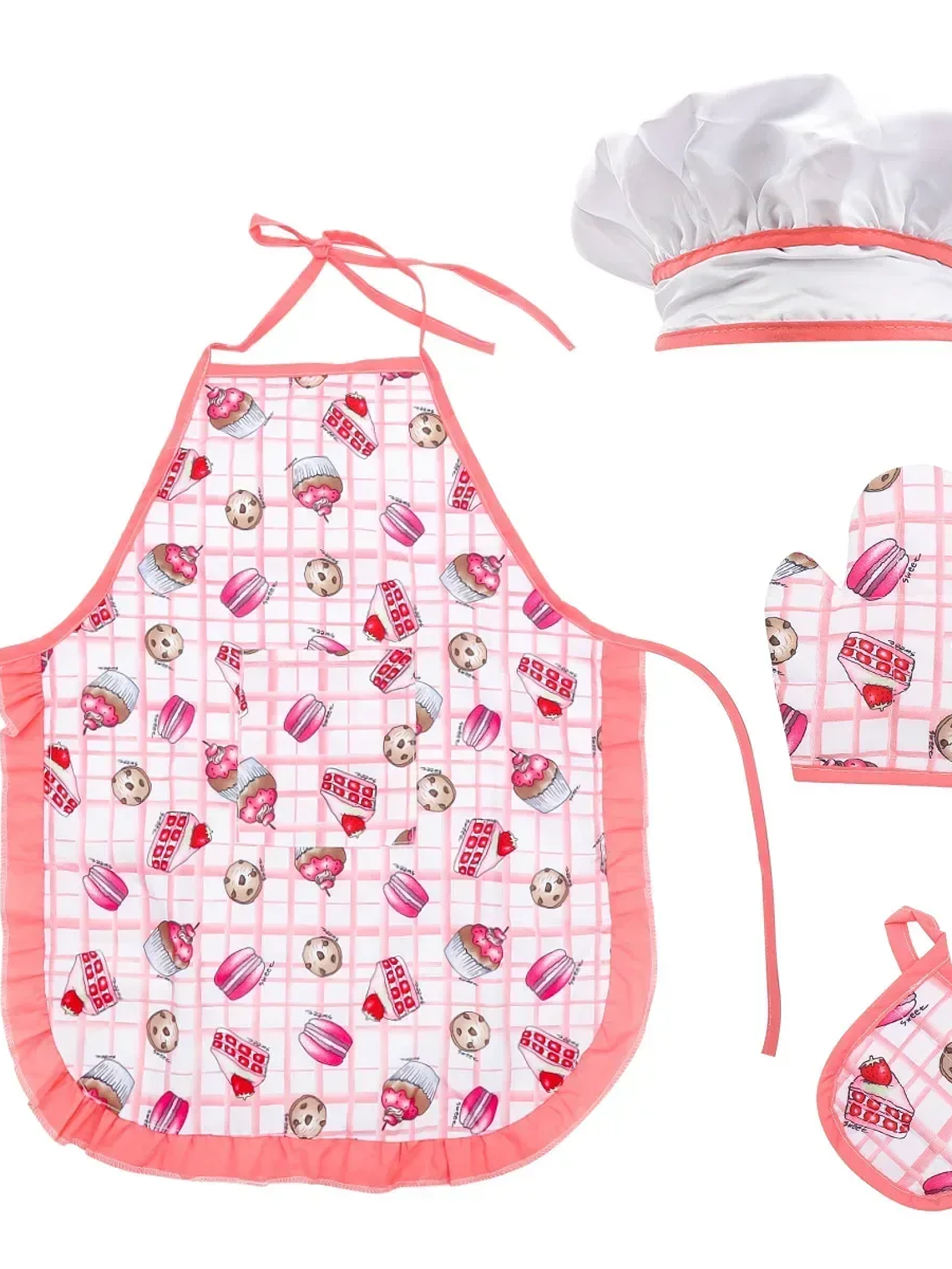 Kit de juguetes de cocina para jugar a las casitas, traje de chef, delantal, pastel, mini molde para hornear, guante, cuchara, taza, sombrero, herramienta para juego de simulación,  13