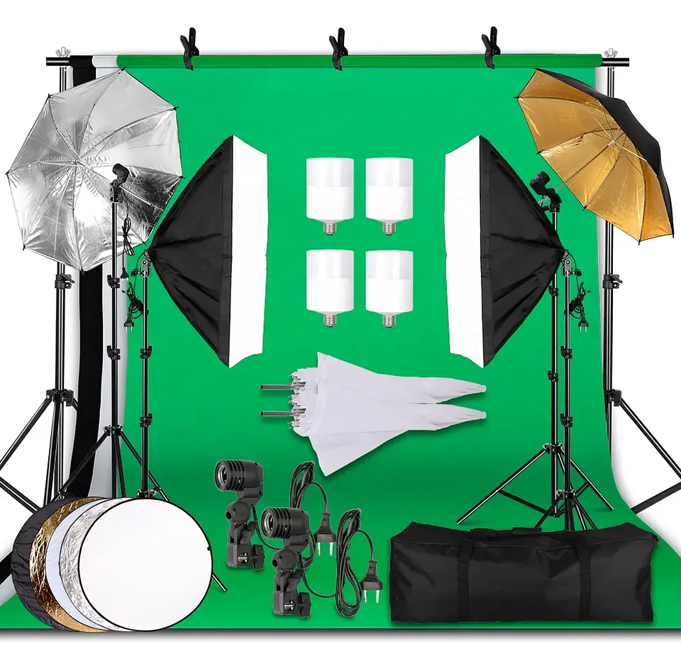 Photography Photo Studio Softbox Lighting Kit With 2.6x3M Background Frame 3pcs Backdrops Tripod Stand Reflector Board 4Umbrella 9