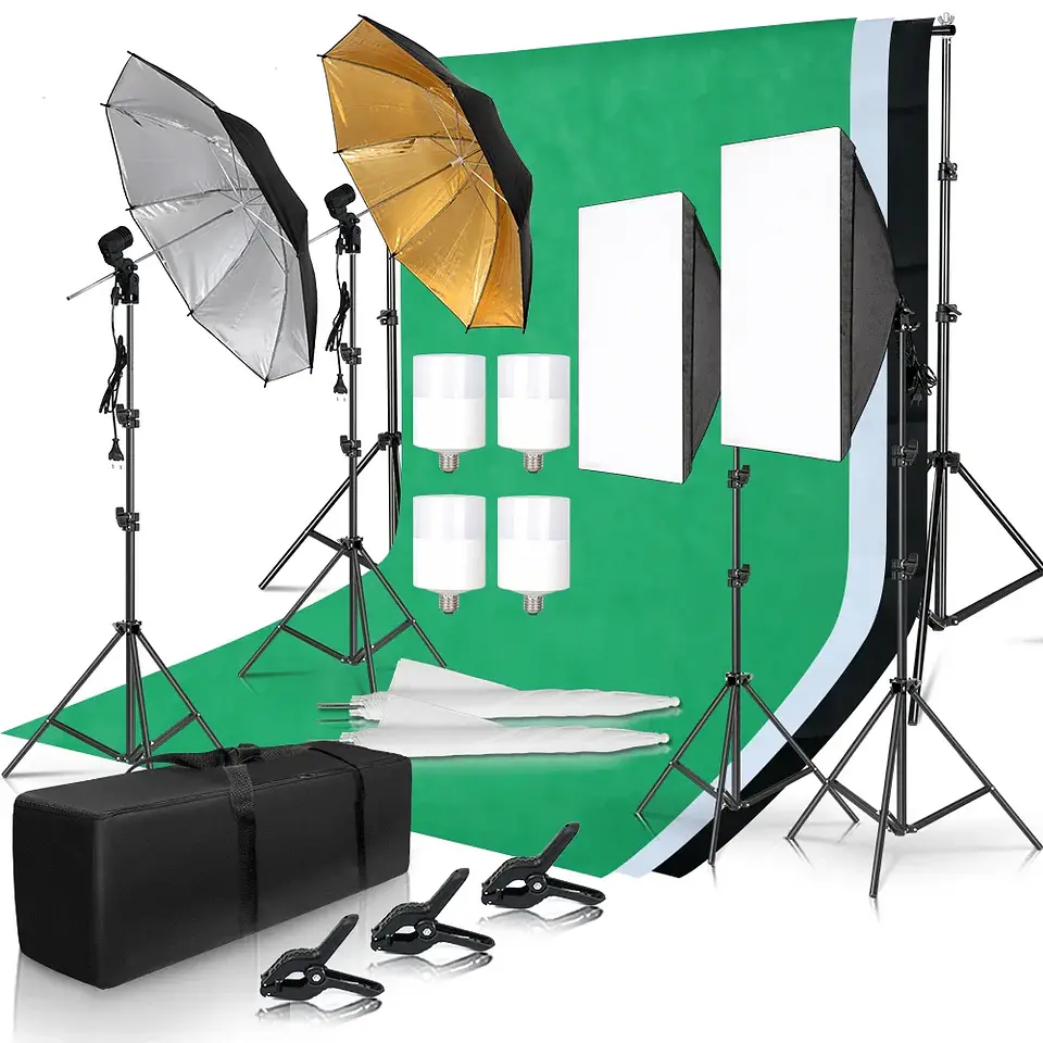 Photography Photo Studio Softbox Lighting Kit With 2.6x3M Background Frame 3pcs Backdrops Tripod Stand Reflector Board 4Umbrella 10
