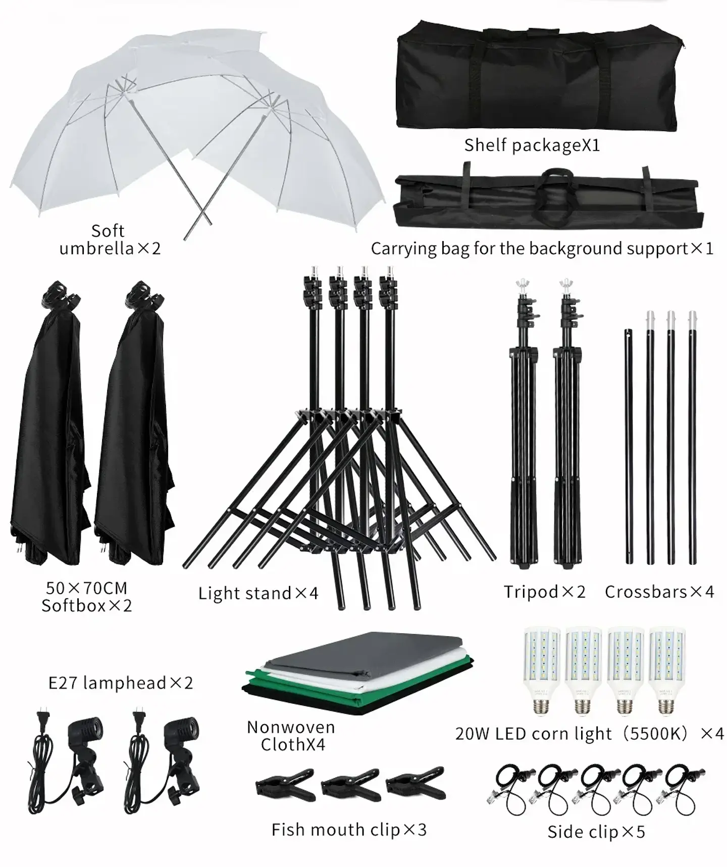 Photography Photo Studio Softbox Lighting Kit With 2.6x3M Background Frame 3pcs Backdrops Tripod Stand Reflector Board 4Umbrella 13