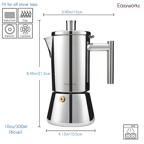 Cafetera de acero inoxidable, tipo moka, de inducción.