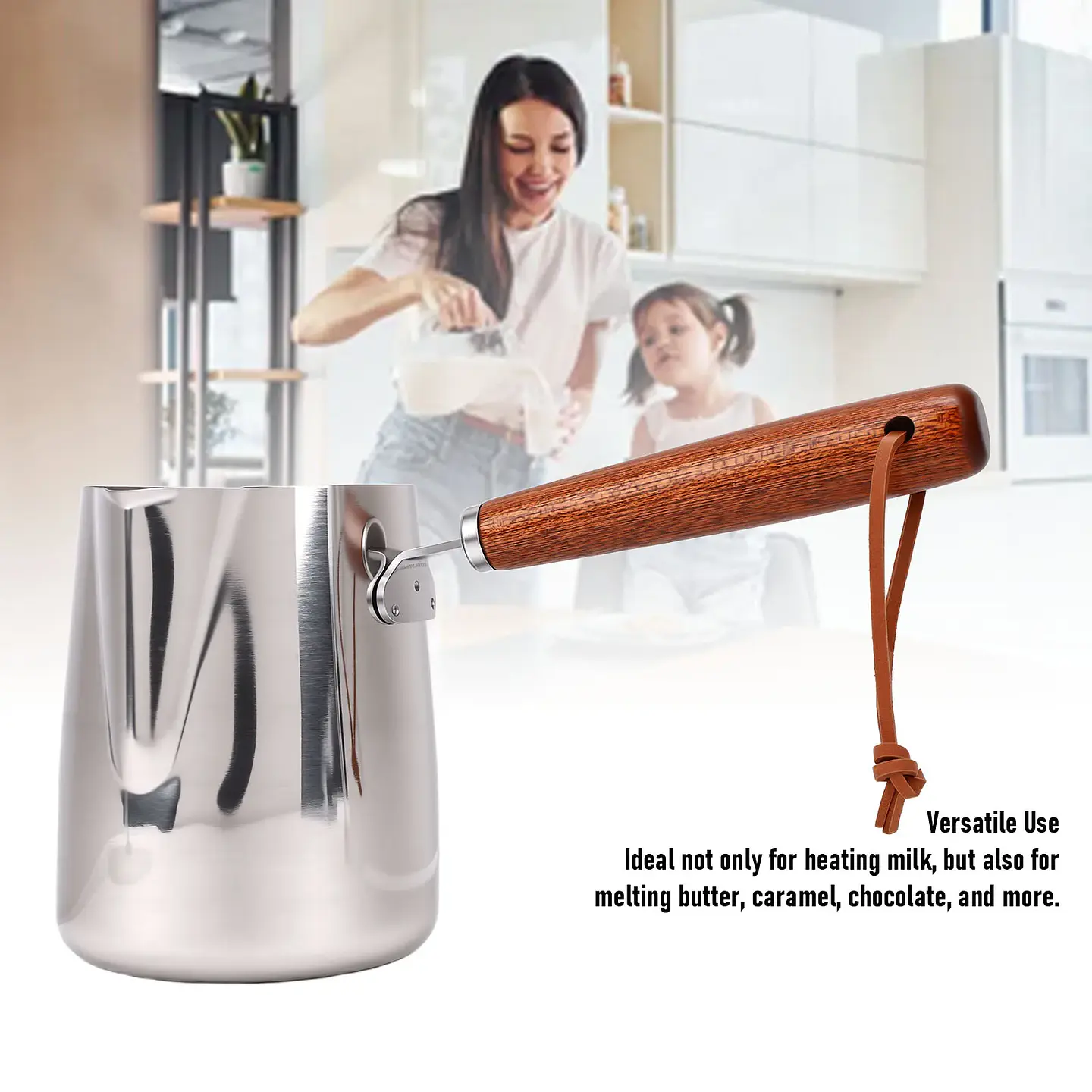Jarra para espumar leche de acero inoxidable 304 con mango de madera 6