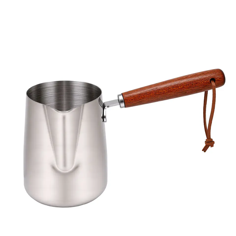 Jarra para espumar leche de acero inoxidable 304 con mango de madera 9