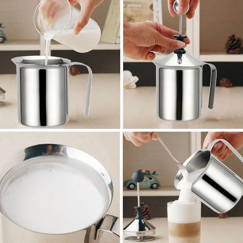 Espumador de leche de acero inoxidable de 400 ml, doble malla 4
