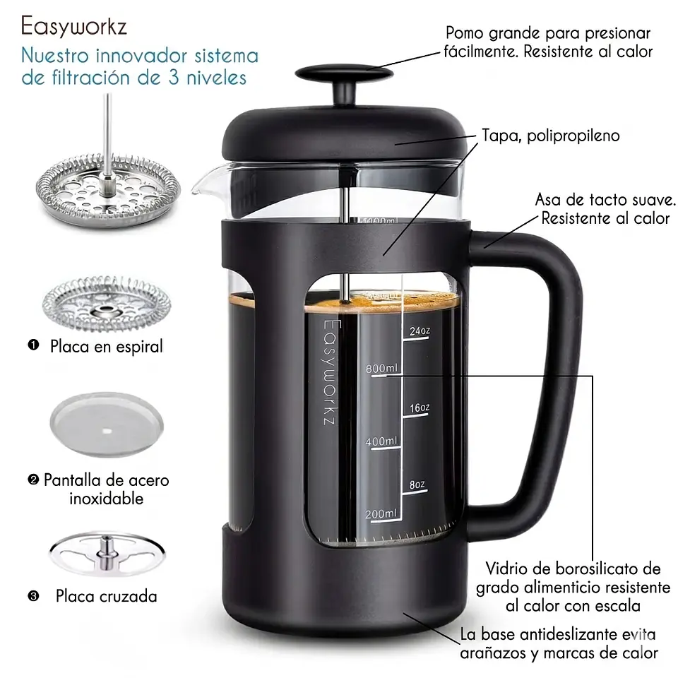Cafetera Francesa vidrio de borosilicato y mango de agarre suave. 14