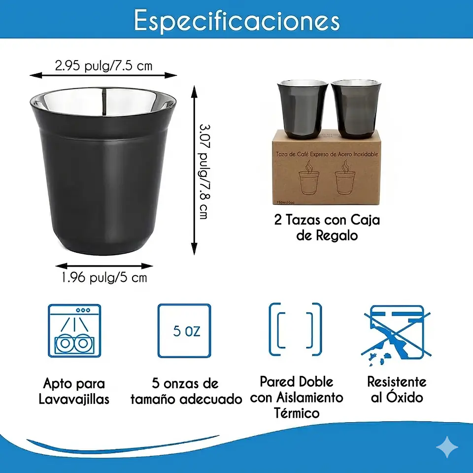Juego de 2 tazas de espresso de acero inoxidable Easyworkz 8
